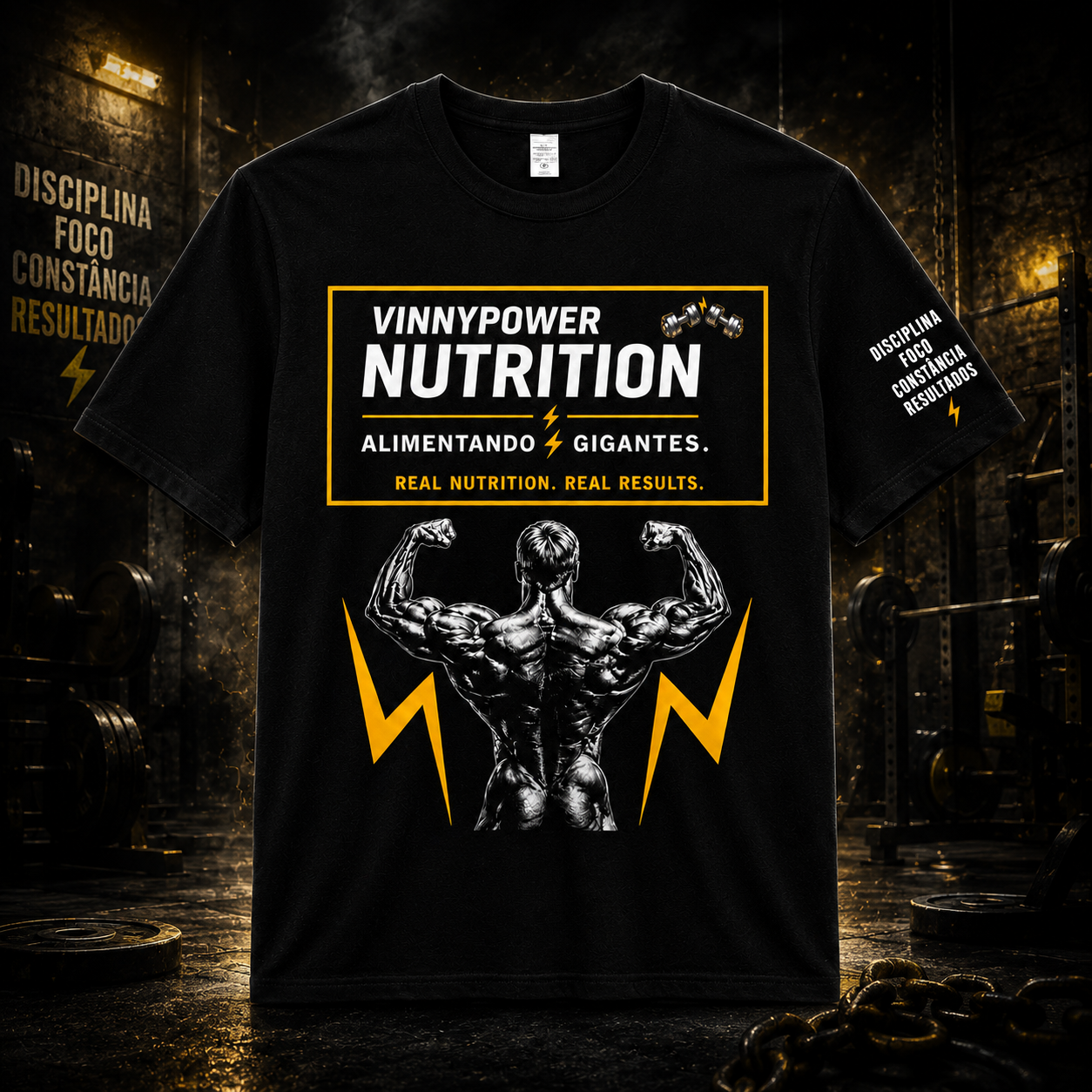 Camisa oversized VinnyPowerNutrition "F.CK I’m a Bodybuilder" com estampa grande, confortável e casual, vista na imagem.