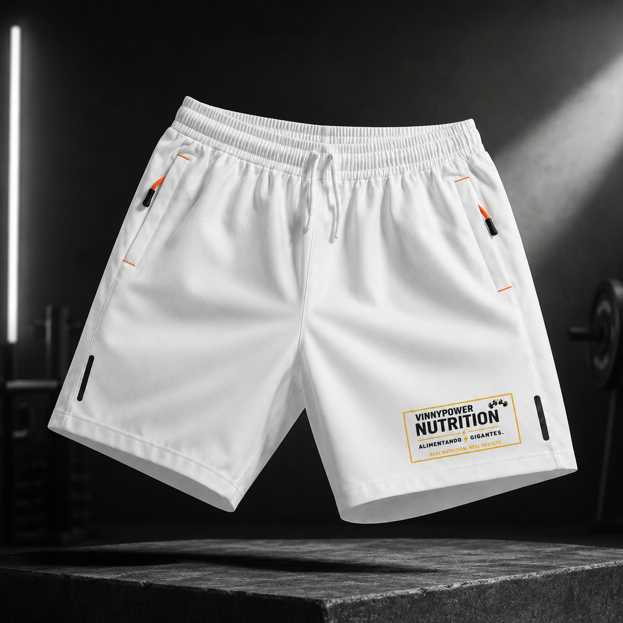 Calções desportivos VinnyPowerNutrition em tecido leve com elástico na cintura, ideais para atividades físicas e treino.
