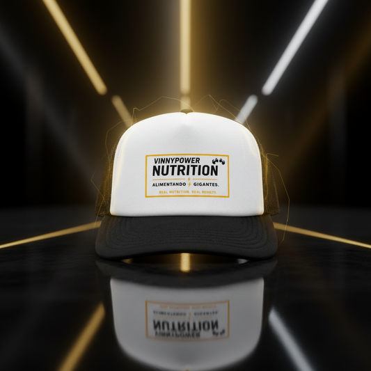 Chapéu trucker VinnyPowerNutrition com logo, aba curva e design em cores neutras, ideal para estilo casual e esportivo.