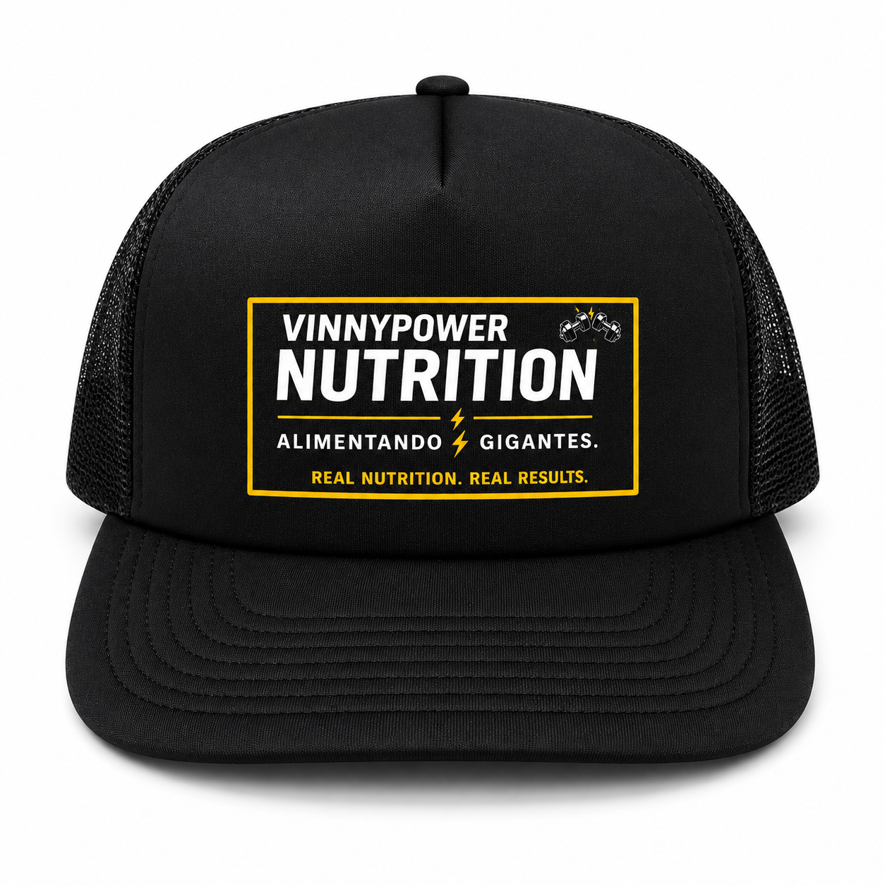 Chapéu trucker VinnyPowerNutrition, estilo casual com logo da marca, visível na frente do chapéu de lona azul claro