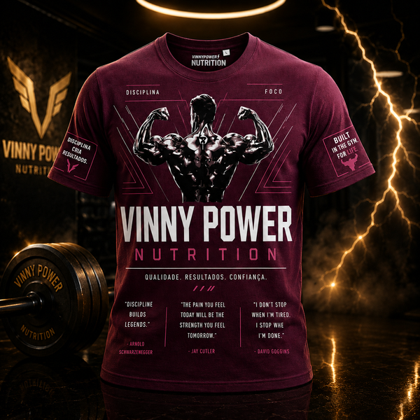 Camiseta oversized VinnyPowerNutrition edição limitada, estilo casual, branca com logotipo na frente, vista frontal.