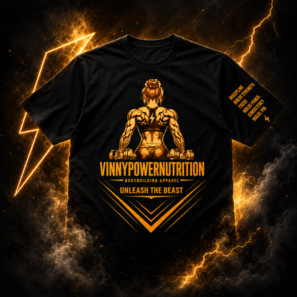 Camiseta oversized feminina "Unleash The Beast" da VinnyPowerNutrition, camiseta larga com estampa de leão e design casual.