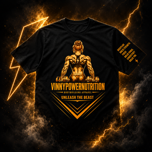 Camisa oversized feminina "Unleash The Beast" da VinnyPowerNutrition, com estampa gráfica moderna e confortável.