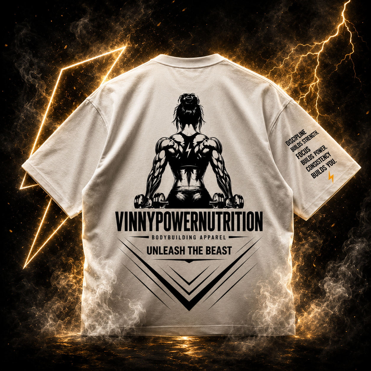 Camiseta Oversize Mulher Unleash The Beast da VinnyPowerNutrition, estofada, com estampa gráfica na frente, vista frontal.