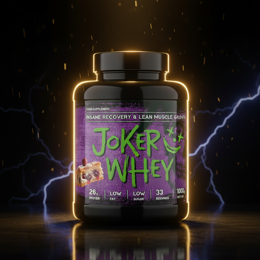 Whey protein Joker 2,3 kg em embalagem do produto, vista frontal sobre fundo neutro