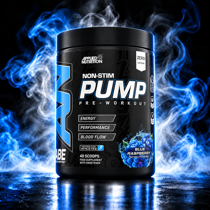 Pote de 500g de Applied Nutrition ABE Pump Stim-Free, suplemento pré-treino sem estimulantes, com textura de pó branco.