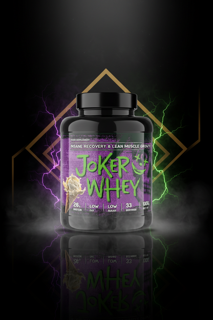 Imagem de pote de 2,3kg de Joker Whey, suplemento de proteína em pó com rótulo colorido e tampa preta.