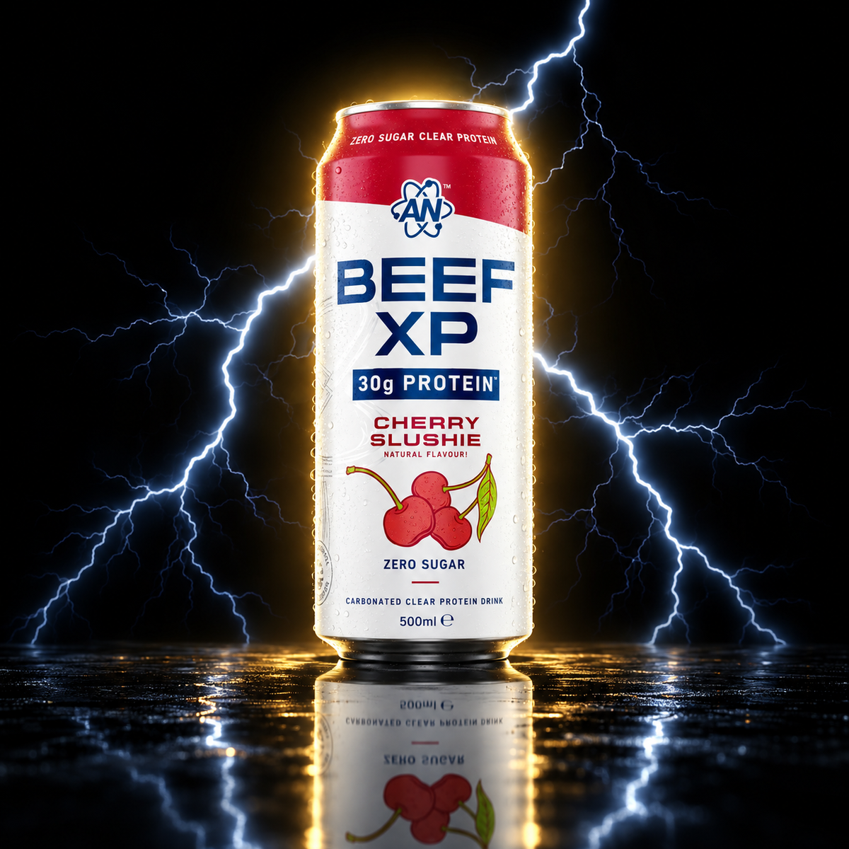 Lata de bebida proteica Beef-XP da Applied Nutrition, com rótulo vermelho e detalhes em preto, 500 ml.