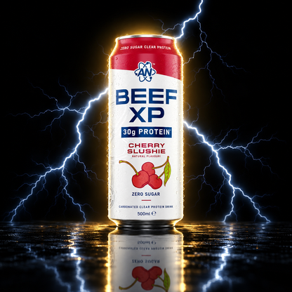 Lata de bebida proteica Beef-XP da Applied Nutrition, com rótulo vermelho e detalhes em preto, 500 ml.