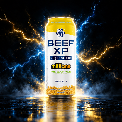 Lata de 500 ml de bebida proteica Beef-XP da Applied Nutrition, com embalagem destacando elementos de tempestade elétrica.