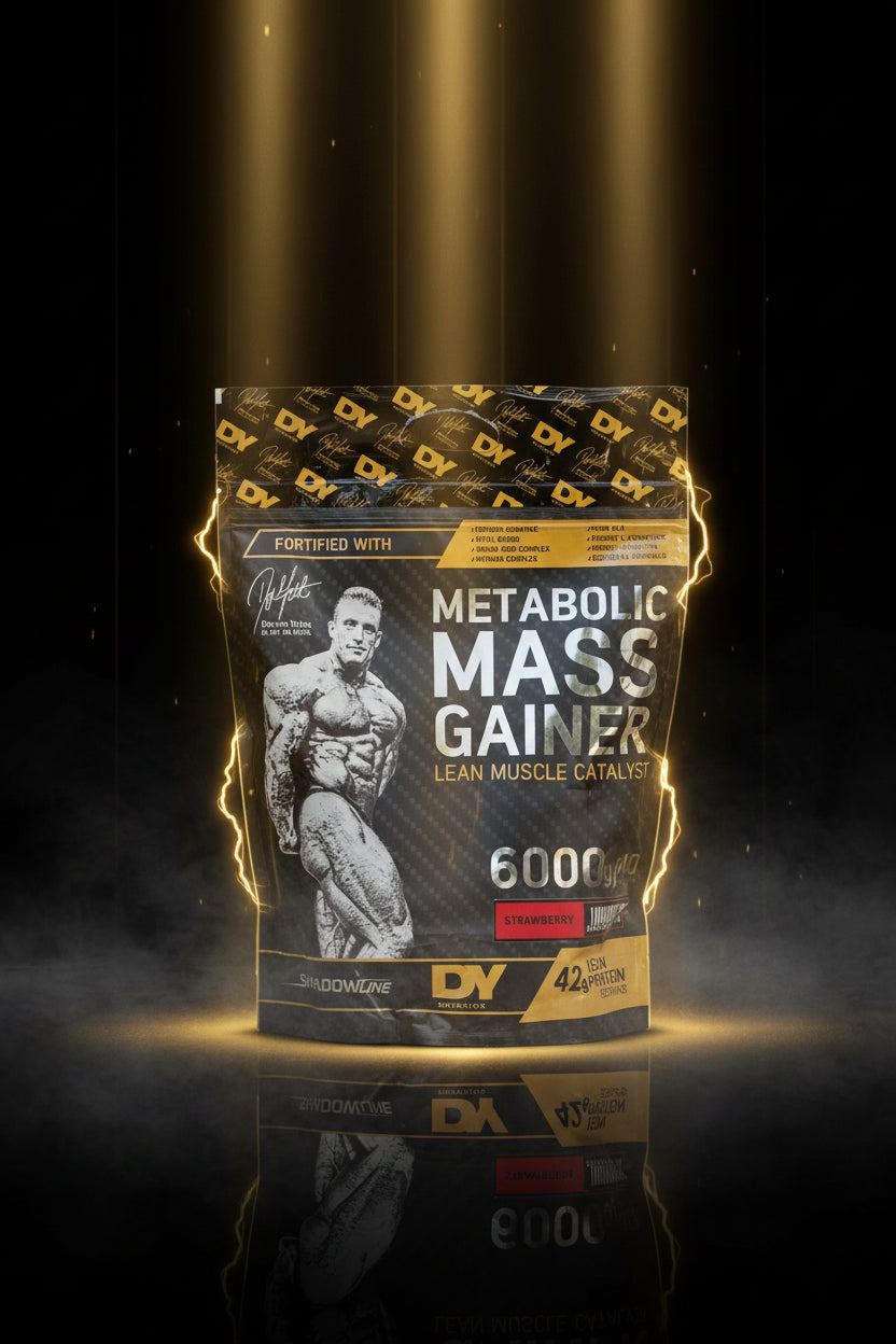 Pote de 6kg de Metabolic Mass Gainer da DY Nutrition, suplemento para ganho de massa muscular, com embalagem colorida e etiqueta.