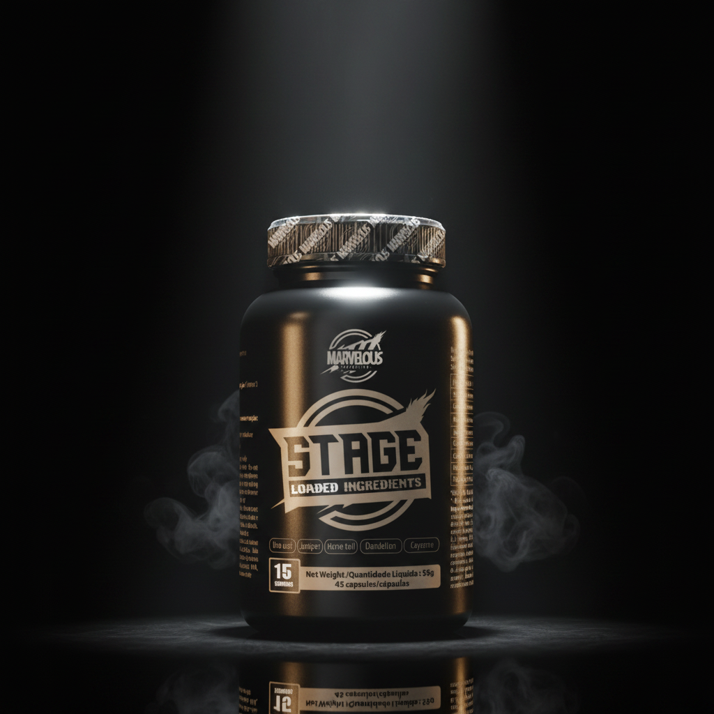 Suplemento esportivo premium Marvellous STAGE com embalagem de pó branco e tampa preta, ideal para nutrição atlética.