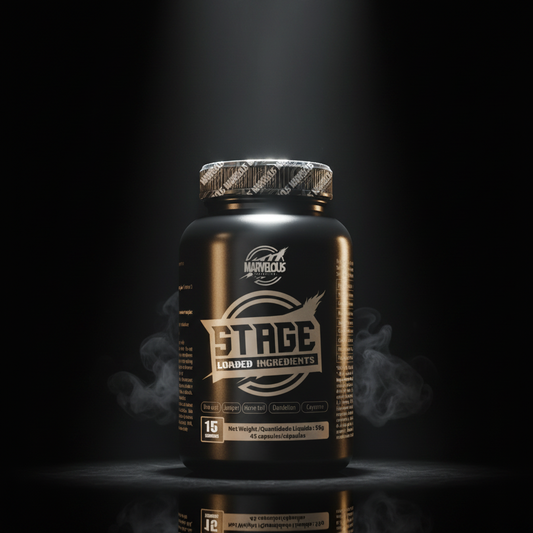 Suplemento esportivo premium Marvellous STAGE com embalagem de pó branco e tampa preta, ideal para nutrição atlética.