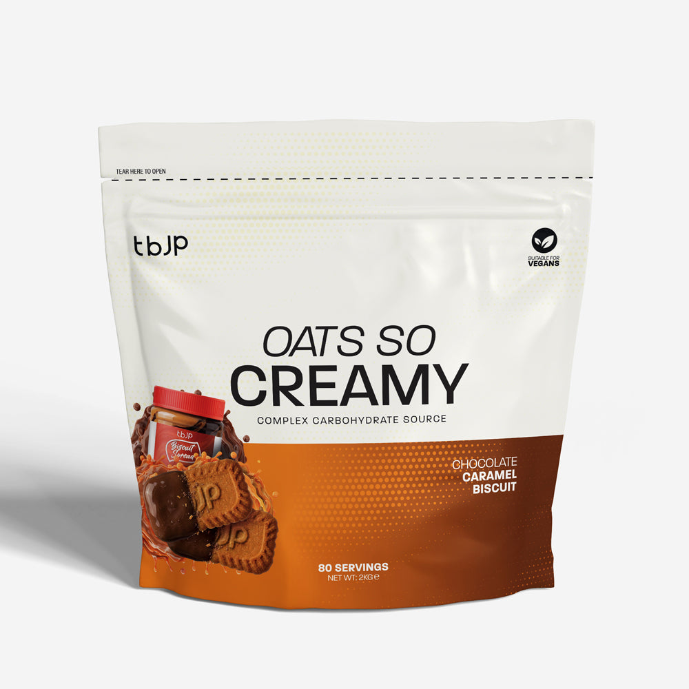 Aveia Oats So Creamy TBJP sabor chocolate caramel com biscoitos, embalagem de 2kg, textura cremosa e sabor irresistível.