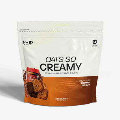 Aveia Oats So Creamy TBJP sabor chocolate caramel com biscoitos, embalagem de 2kg, textura cremosa e sabor irresistível.