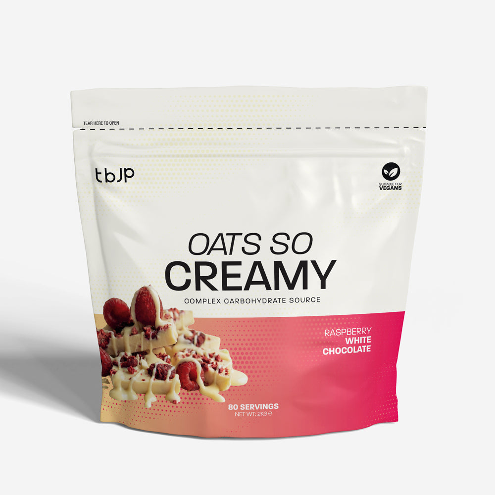 Aveia Oats So Creamy TBJP com sabor a framboesa e chocolate branco, 2kg, mostrando a embalagem do produto.