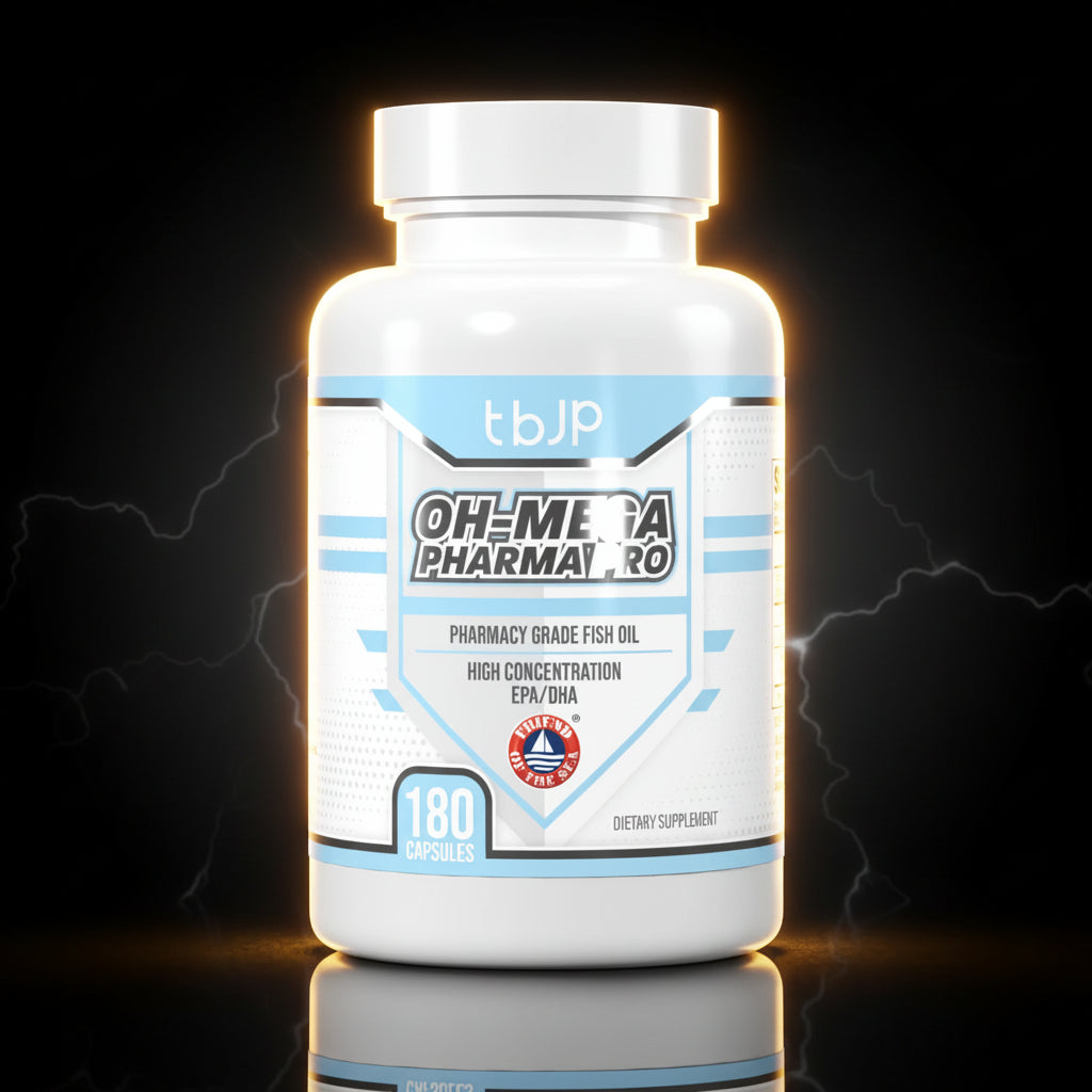 Cápsulas de ômega da TBJP Oh-Mega Pharma Pro, suplemento de óleo de peixe para saúde cardiovascular e bem-estar.