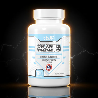 Cápsulas de ômega da TBJP Oh-Mega Pharma Pro, suplemento de óleo de peixe para saúde cardiovascular e bem-estar.