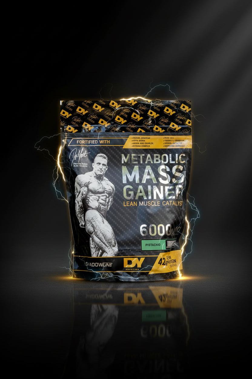 Imagem de um recipiente de 6kg de Metabolic Mass Gainer da DY Nutrition, marca VinnyPowerNutrition, com pó de suplemento em pó.
