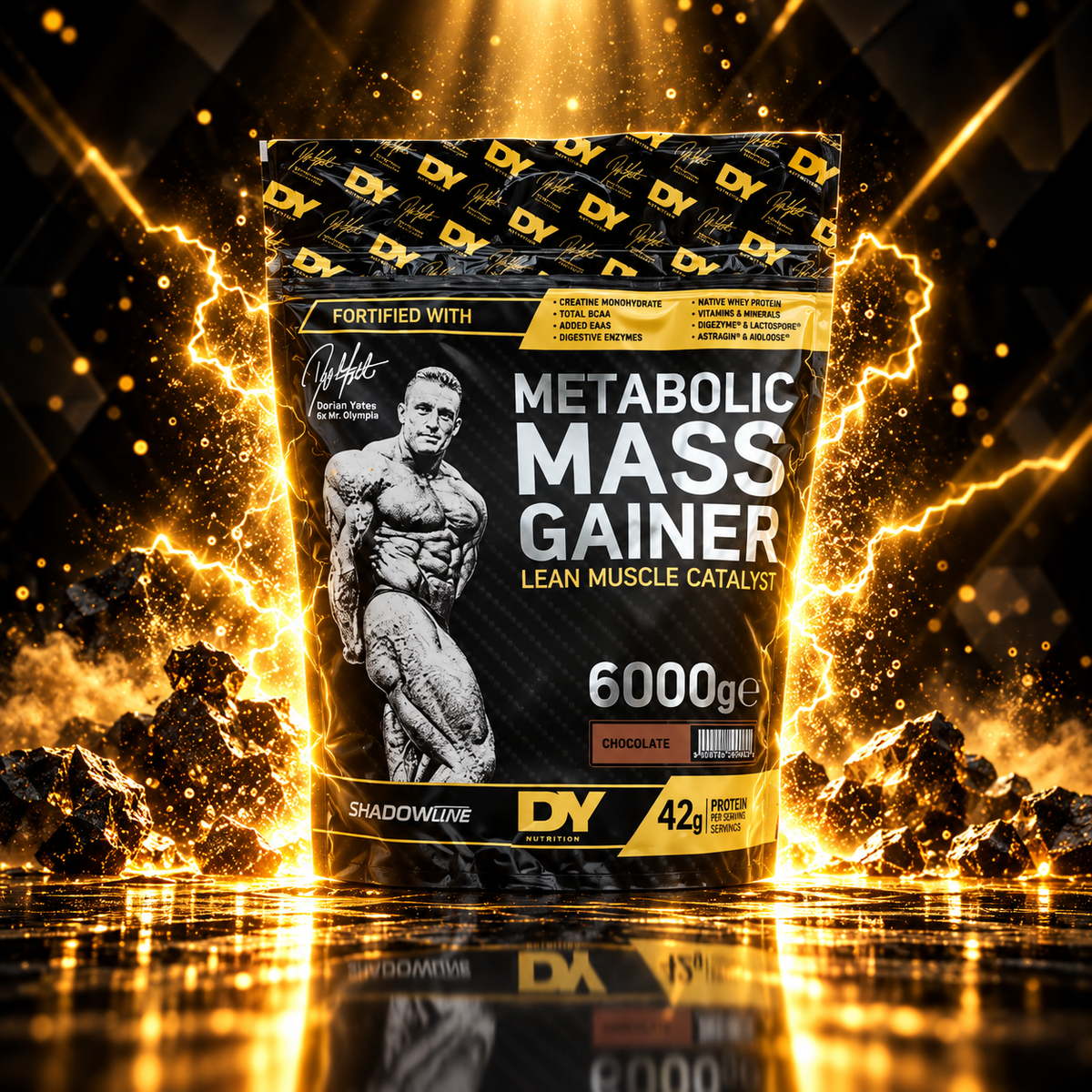 Saco de DY Nutrition Metabolic Mass Gainer VinnyPowerNutrition em embalagem dourada de 6 kg.