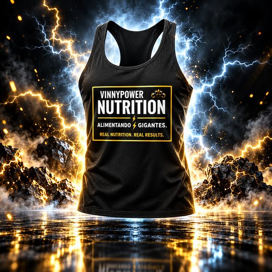 Regata VinnyPowerNutrition Stringer Tank Top branca, com logo na frente, ideal para treinos e atividades físicas.