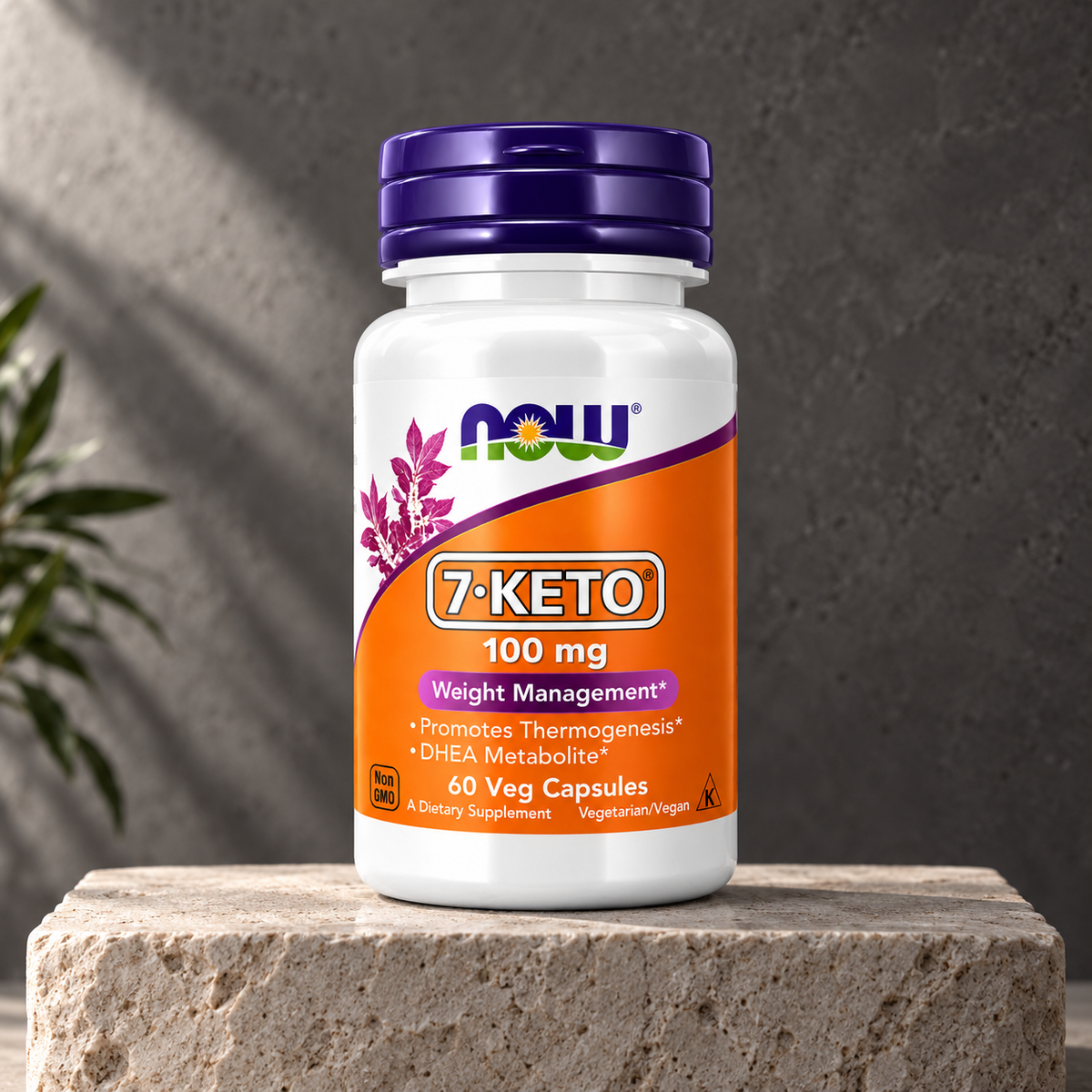 Suplemento 7-KETO 100 mg NOW em frasco com 60 cápsulas sobre fundo branco