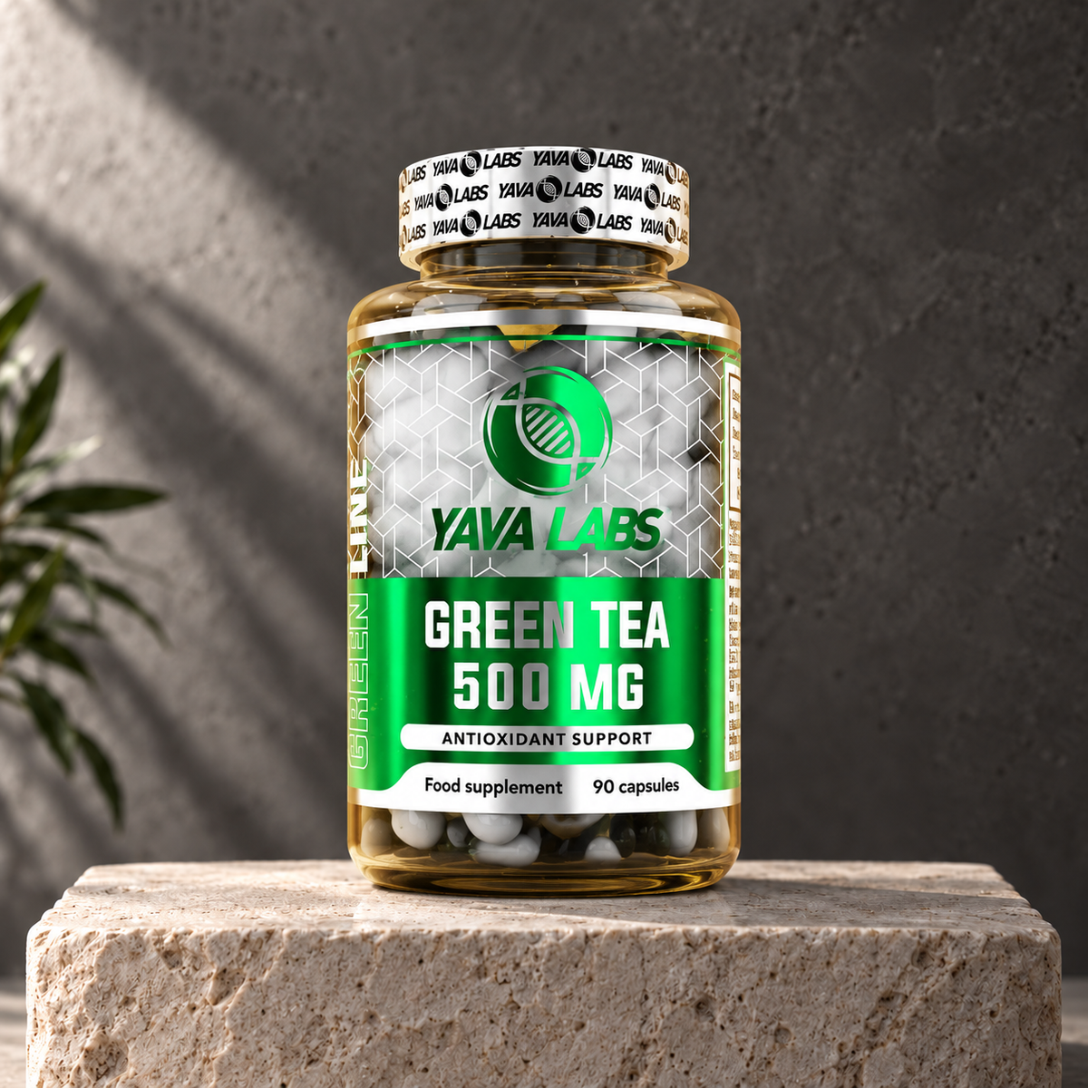 Suplemento YAVA Labs Green Tea 500 mg em frasco com 90 cápsulas, fotografado em estúdio