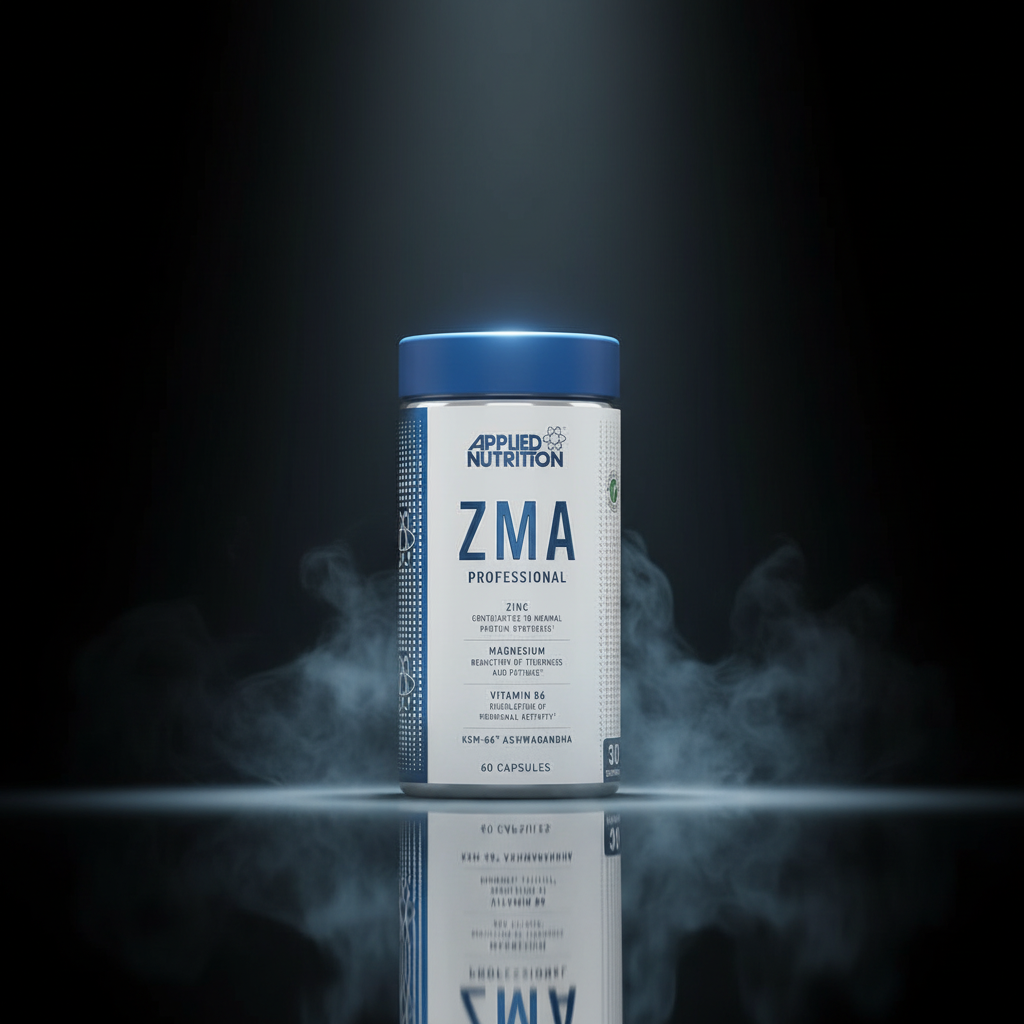 Cápsulas de ZMA PRO da Applied Nutrition, suplemento de 60 unidades, mostradas em frasco com rótulo preto e branco