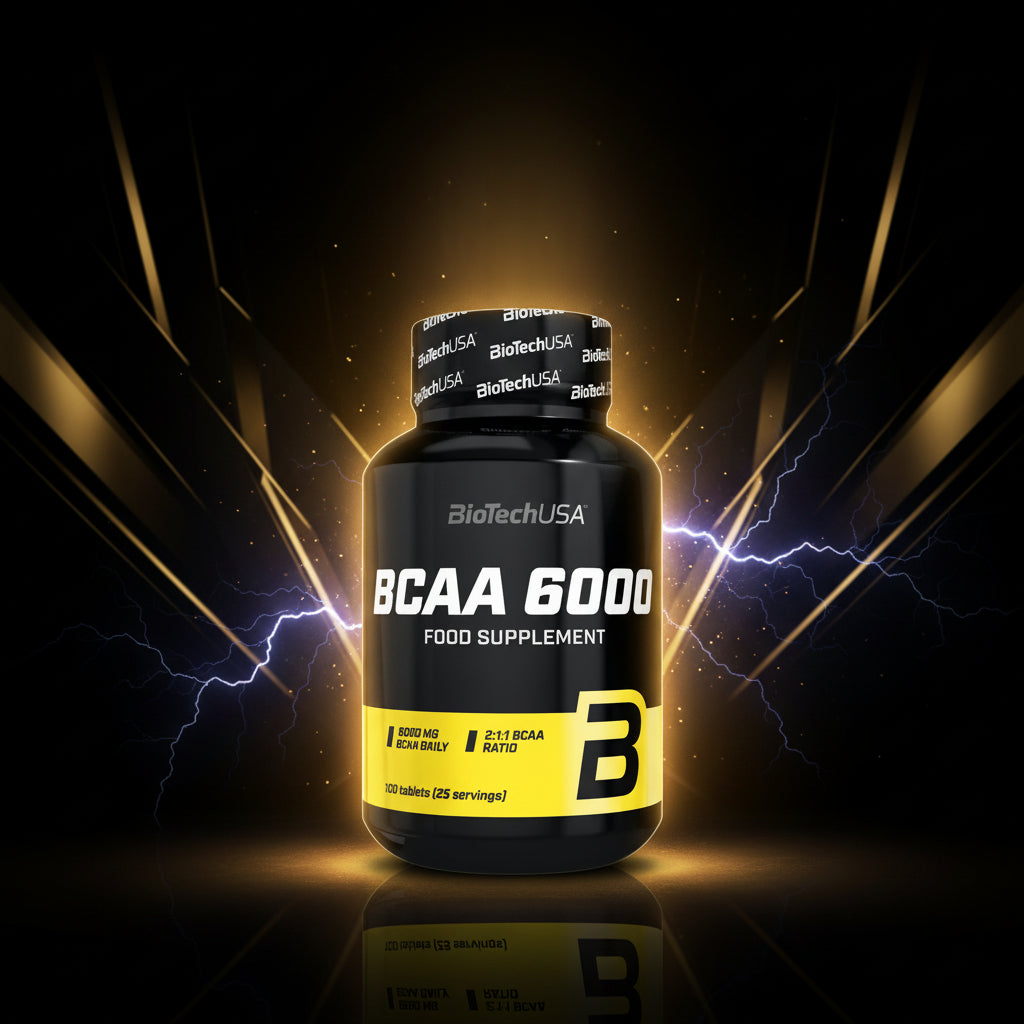 Biotech USA BCAA 6000 supplement with 100 tablets for muscle recovery and hydration, shown in a container with tablets.