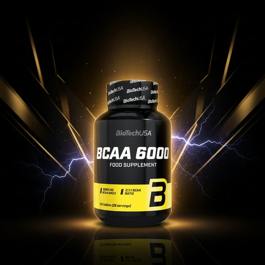Biotech USA BCAA 6000 supplement with 100 tablets for muscle recovery and hydration, shown in a container with tablets.