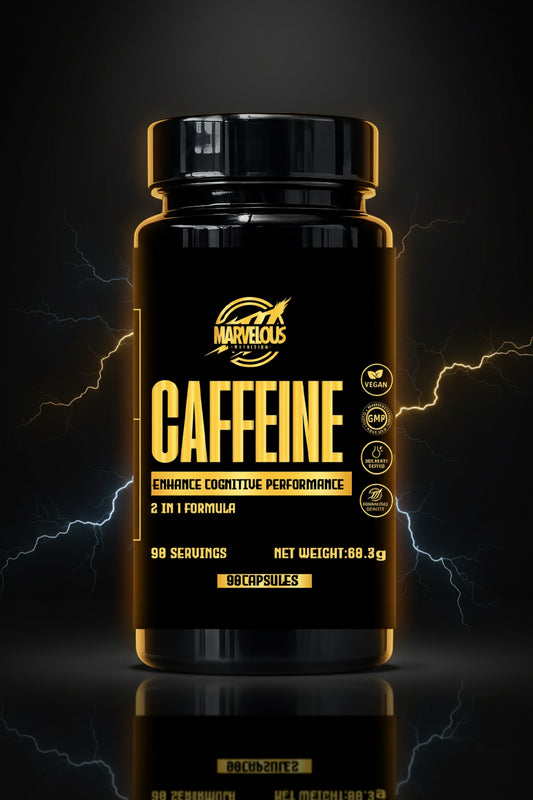 Suplemento de cafeína e L-tianina da Marvellous, cápsulas com ingredientes naturais para energia e foco.