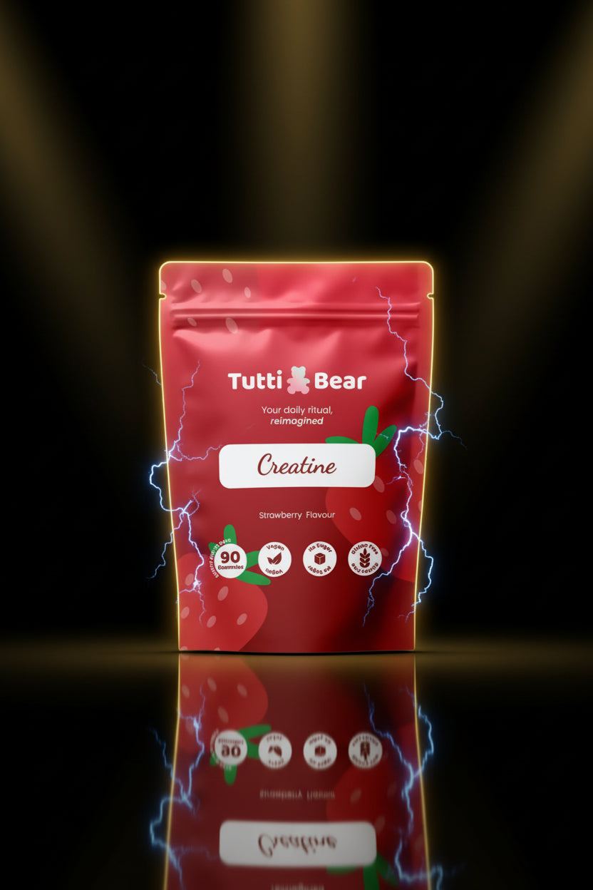 Gomas de creatina tutti Bear, suplemento esportivo em embalagem com gomas coloridas e textura macia, para aumento de energia.