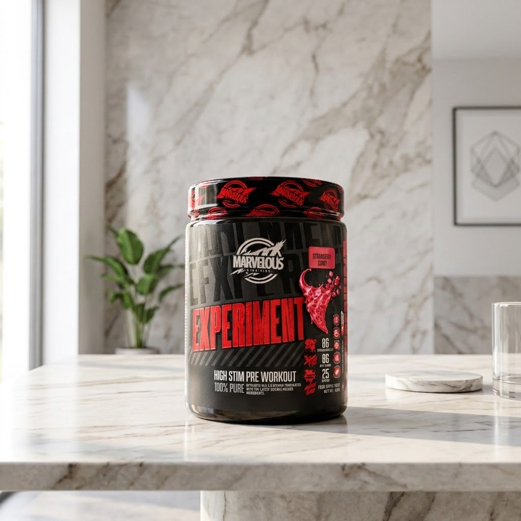 Pote de pré-treino Marvellous Experiment 430 g da Marvelous Nutrition, com rótulo visível.