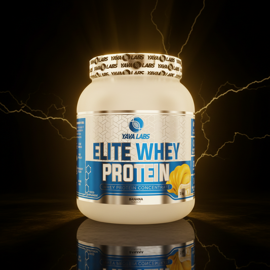 Pote de 1kg de Elite Whey Protein da YAVA Labs, embalagem do produto com rótulo detalhado e tampa de fechamento seguro.