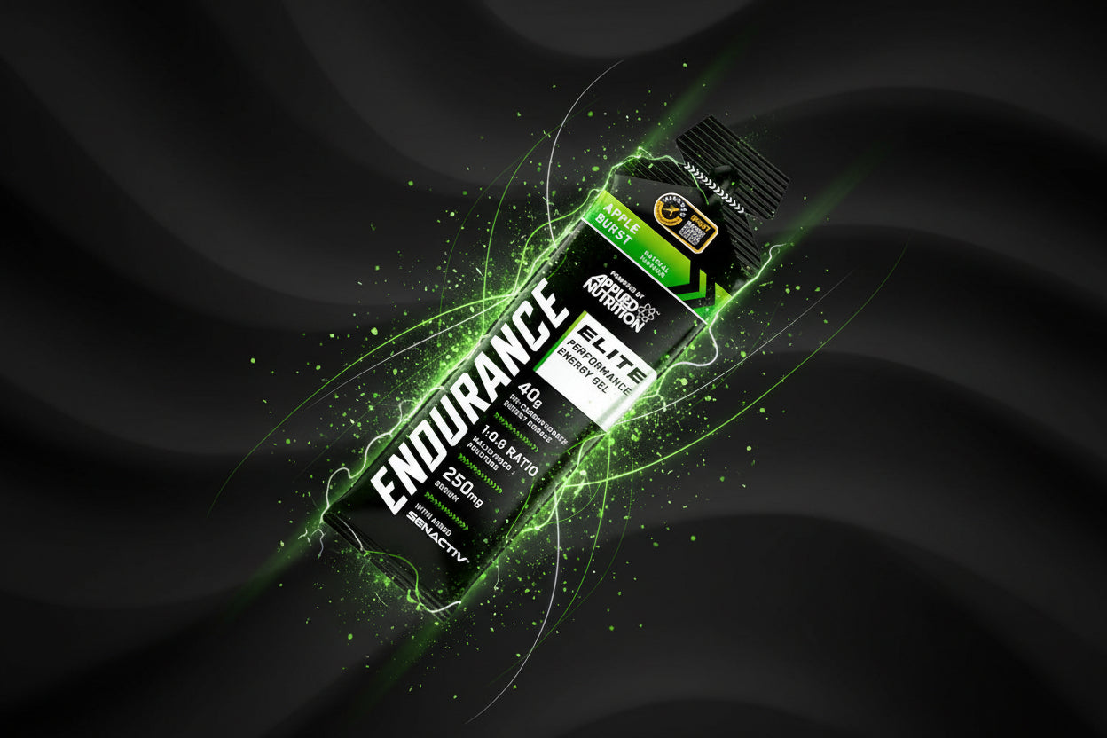 Gele de energia Elite Performance de 40g da Applied Nutrition com sabor de maçã, em embalagem compacta e prática