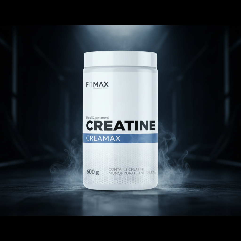 Creatina FitMax CreaMax de 600g, pó de suplemento para ganho de força e desempenho atlético, com embalagem branca e rótulo amarelo.