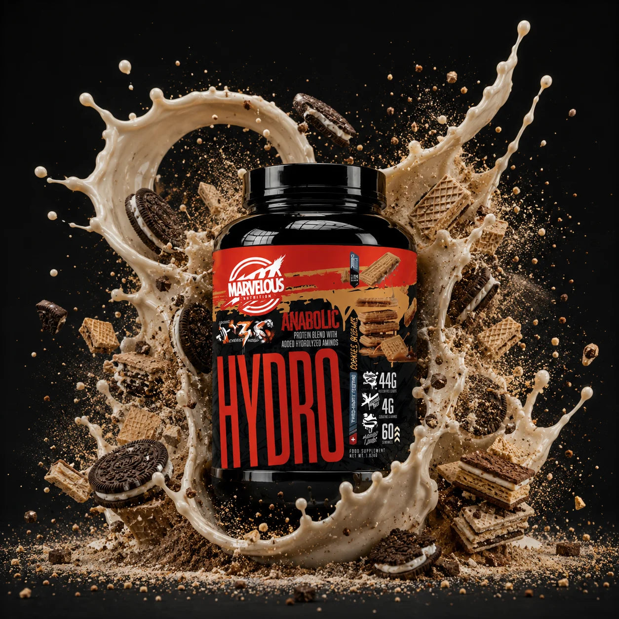 Imagem de biscoito de proteína de soro hidrolisado Hydrolyzed Whey Protein 1,8kg da marca Marvellous, com embalagem e biscoitos ao fundo.