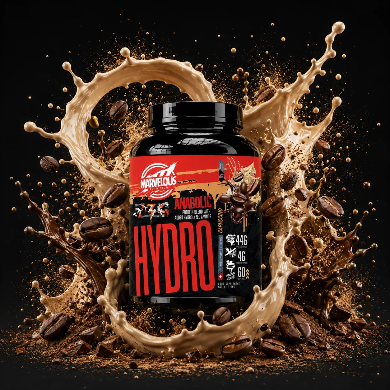 Pote de 1,8kg de proteína de soro hidrolisada Hydro Hydrolyzed Whey da Marvellous, com sabor de cappuccino.