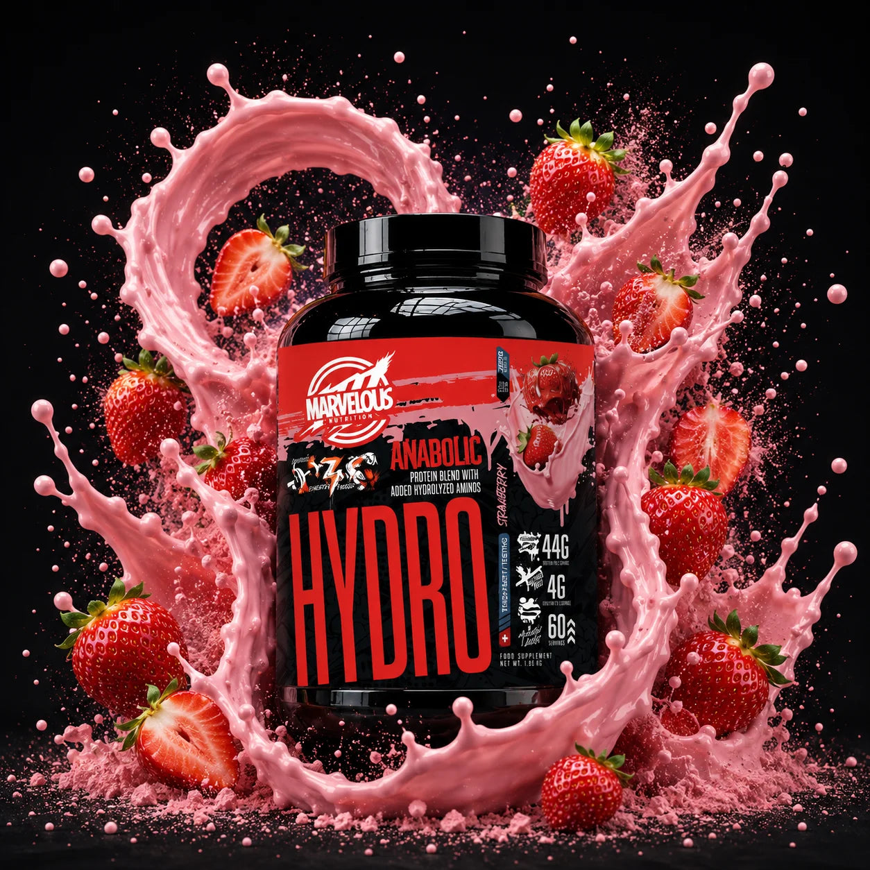 Pote de 1,8kg de proteína de soro de leite hidrolisada sabor morango da marca Marvellous
