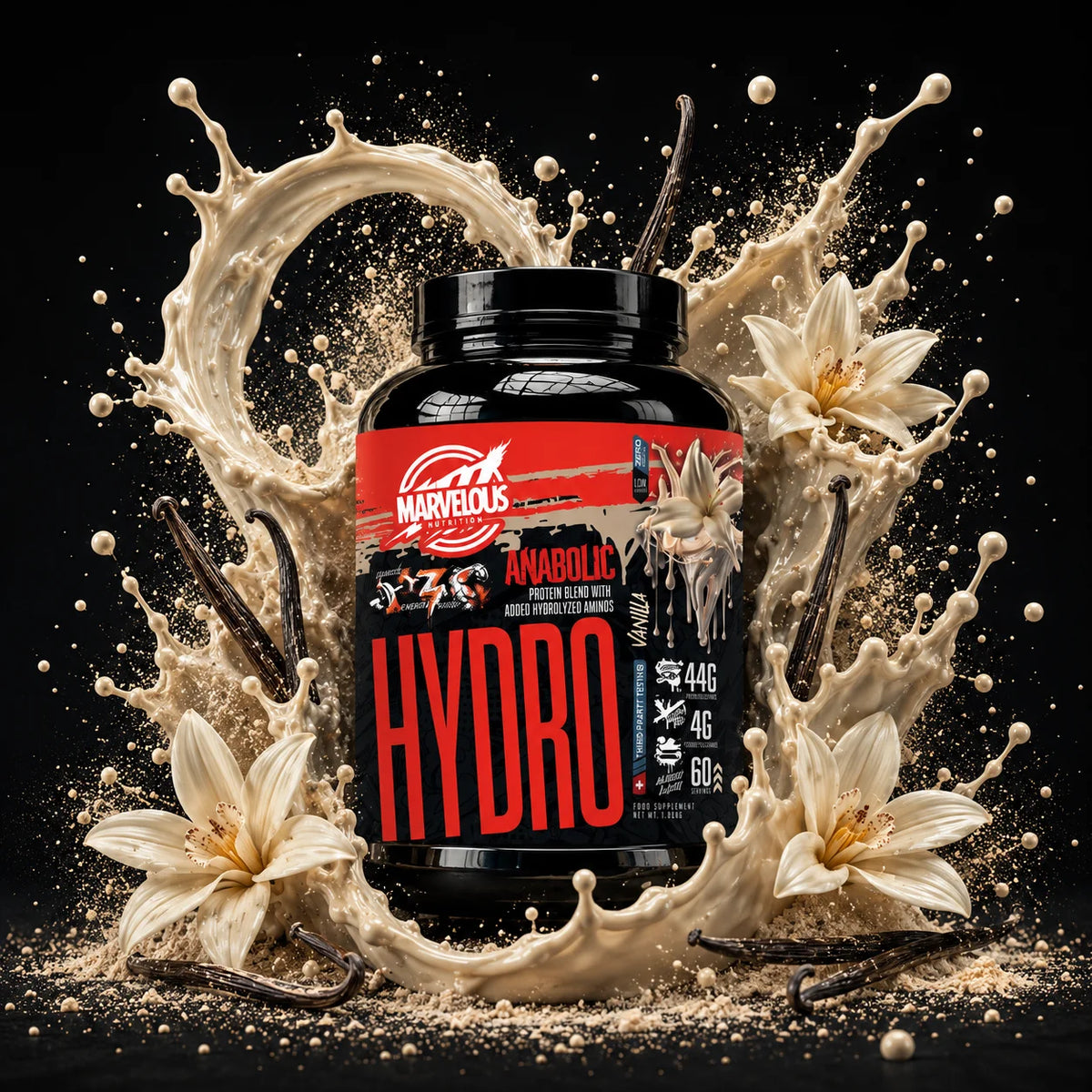 Pote de 1,8kg de Hydro Whey Protein Hidrolisado de baunilha da marca Marvellous, mostrando o rótulo e o recipiente.