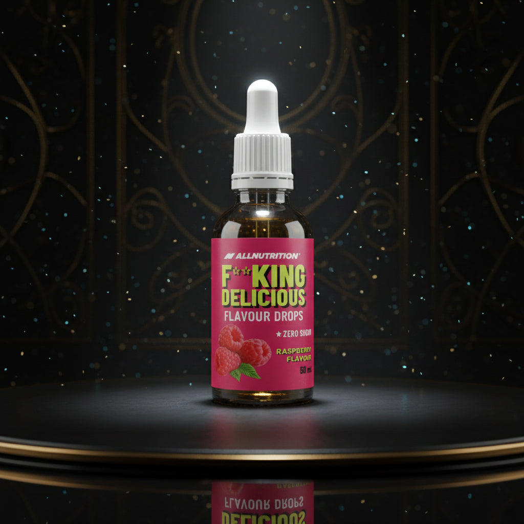 Gotas de sabor Fitking Delicious Flavour Drops 50ml, frasco transparente com gotero, mostrando as gotas aromatizantes.
