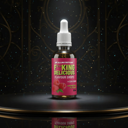 Gotas de sabor Fitking Delicious Flavour Drops 50ml, frasco transparente com gotero, mostrando as gotas aromatizantes.