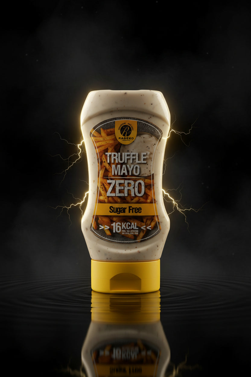 Molho Rabeko Zero Kevin Levrone em frasco de 350ml, embalagem com rótulo preto e branco e tampa de rosca.