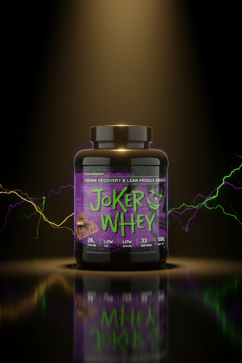 Recipiente de 2,3kg de whey protein Joker, com embalagem do suplemento alimentar para ganho de massa muscular.