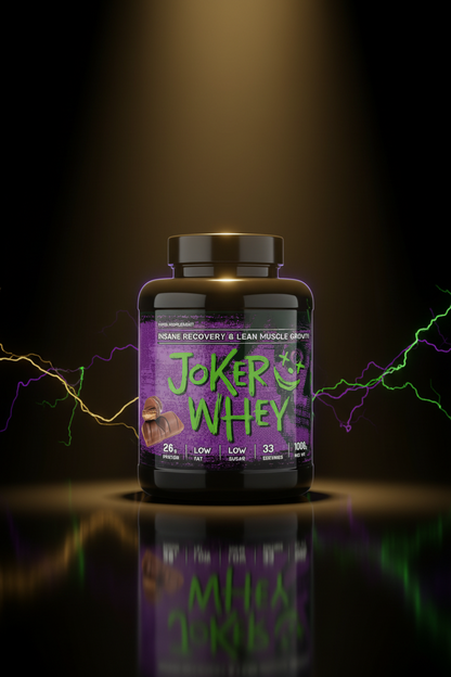 Recipiente de 2,3kg de whey protein Joker, com embalagem do suplemento alimentar para ganho de massa muscular.