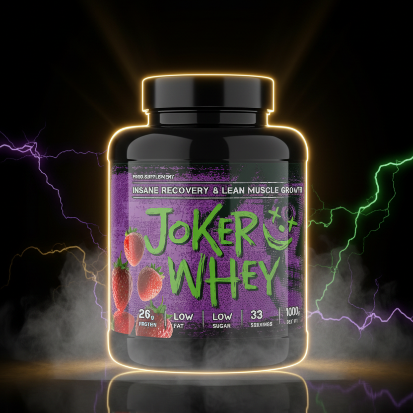 Whey protein Joker sabor morango, embalagem de 2,3 kg em destaque.