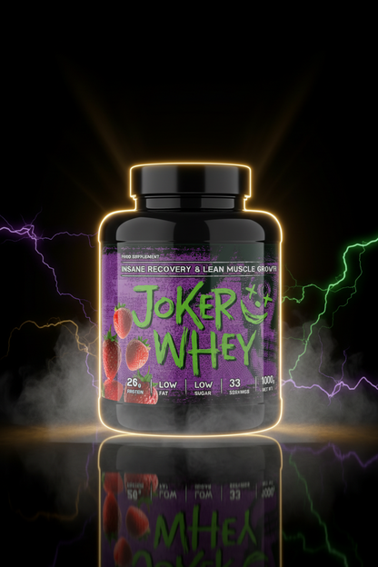 Imagem de um pote de Joker Whey 2,3kg, suplemento de proteína de soro de leite com embalagem destacada.