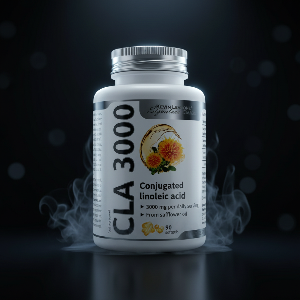 Suplemento Kevin Levrone CLA 3000 em softgels, frasco com 90 cápsulas, para suporte à saúde e bem-estar.