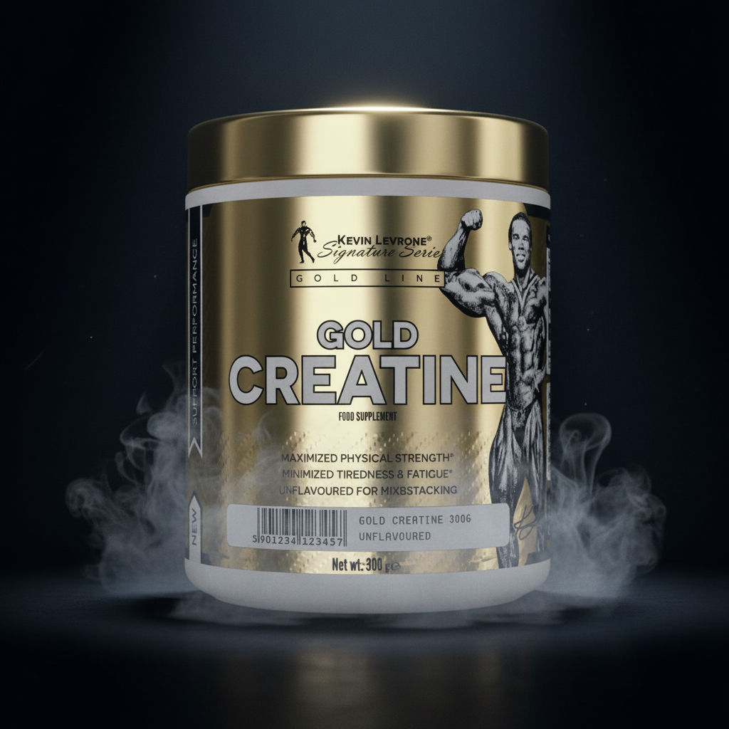 Kevin Levrone Gold Creatine powder in a 300g container, showing the supplement's vibrant packaging and branding.