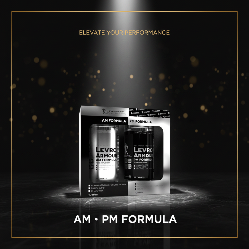 Kevin Levrone Levro Test AM-PM supplement bottles with 120+120 tablets, showcasing the product packaging and label.